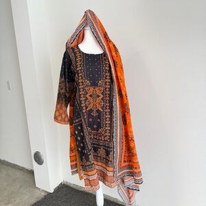 Black & Orange Printed Pakistani Winter Kurta with Dupatta